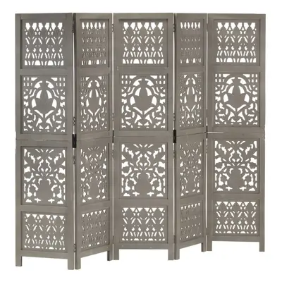 vidaXL Solid Mango Wood Hand Carved 5-Panel Room Divider Grey 200x165cm Screen