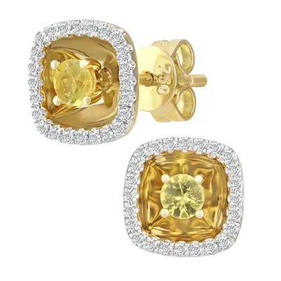 Jewelco London 18ct Yellow Gold Round 10pts Diamond Round 0.27ct Sapphire Halo Stud Earrings - D