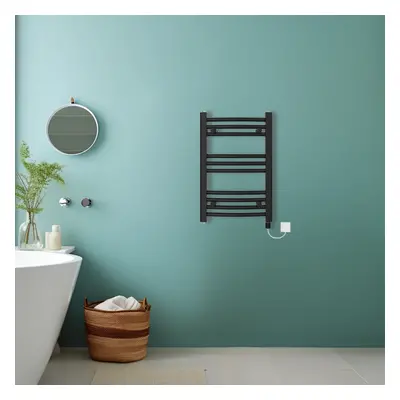 (Black, 600x400mm) Bathroom Curved Prefilled Electric Heated Towel Rail Ladder Warmer Radiator