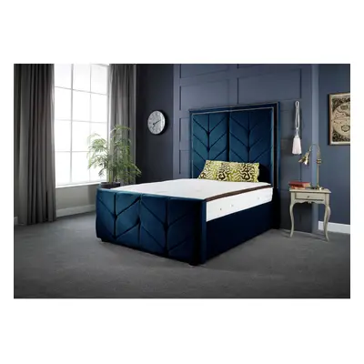 (4FT SMALL DOUBLE) Milly Chevron Luxury Blue Velvet Bed Frame