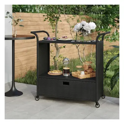 vidaXL Bar Cart with Drawer Black Poly Rattan Serving Trolley Kitchen Cart