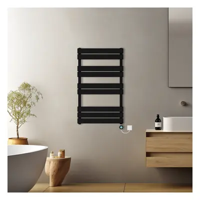 (Black, 1000x600mm) Prefilled Electric Flat Panel Heated Towel Rail Radiator Thermostatic WIFI