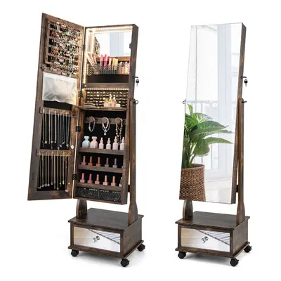 Lockable Jewelry Armoire w/Full-Length Mirror 3-Color Light & Drawer Adjustable Angles