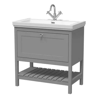 Traditional Furniture Floor Standing Drawer Vanity & Tap Hole Fireclay Basin, 800mm, Cool Grey