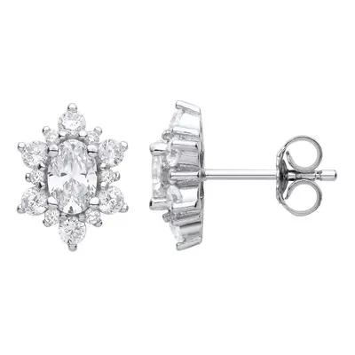 Jewelco London Ladies Rhodium Plated Sterling Silver Oval CZ Oval Snowflake Cluster Stud Earring