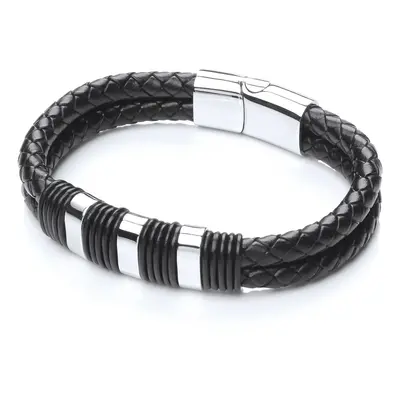 Jewelco London Mens Rhodium Plated Stainless Steel Black Leather Dual Band Plaited Cuff Bracelet