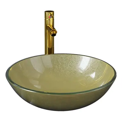 vidaXL Bathroom Sink with Tap and Push Drain Gold Tempered Glass Wash Basin