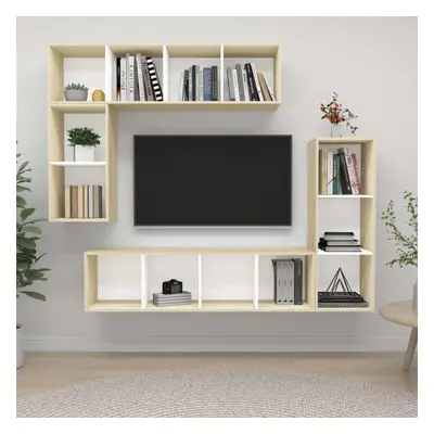 vidaXL TV Cabinet Set Piece White and Sonoma Oak Chipboard Stand Living Room