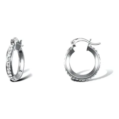 Jewelco London Ladies 9ct White Gold White Round Crystal Eternity 3mm Hoop Earrings 16mm - JER75