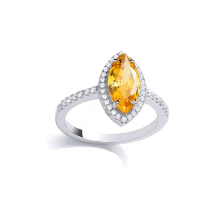 (P) Jewelco London Sterling Silver CZ & Citrine Marquise Cut Ring Cocktail Ring - GVR980