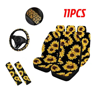 (11 Pcs) Universal Full Set Car Cover Fashion Sunflower Car Seat Cover With Safety Belt