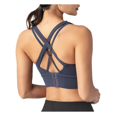 (Blue) Woman Sports Bra Push-up Shockproof Quick Dry Padded Crop-Top Four Hook-and-eye Tank-Top 