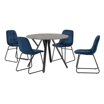 (Sapphire Blue Velvet) Athens Concrete Effect/Black Round Dining Set with Lukas Chairs - Table w