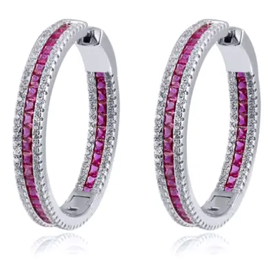 Jewelco London Rhodium Silver Red Princess CZ Inside Out Channel Set Eternity Hoop Earrings 18mm