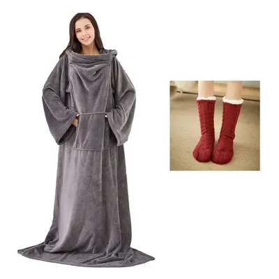 (Grey Robe & Red Socks) Soft Warm Long Coral Fleece Blanket Robe with Sleeves