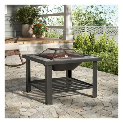 Outdoor Square Wood Burning Fire Pit BBQ Grill with Mesh Cover