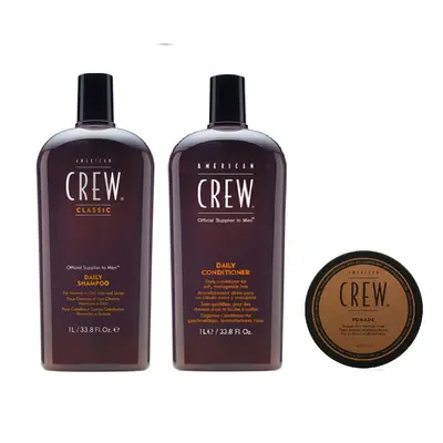 American Crew Daily Moisturizing Shampoo 1000ml, Conditioner 1000ml and Pomade 50g