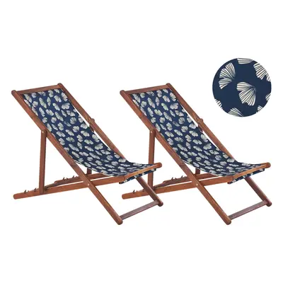 Set of Acacia Folding Deck Chairs and Replacement Fabrics Dark Wood with Off-White / Navy Blue F