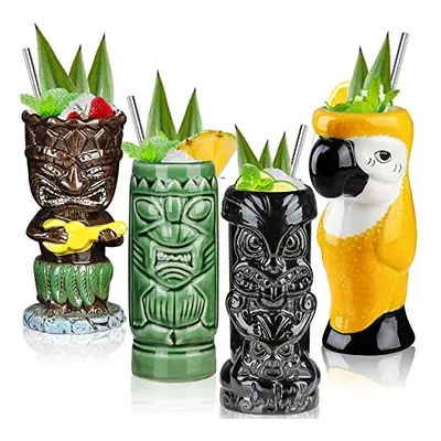 [Gift Set] Tiki Glasses for Cocktails Tiki Mugs Set of Ceramic Tropical Cups Hawaiian Tiki Party