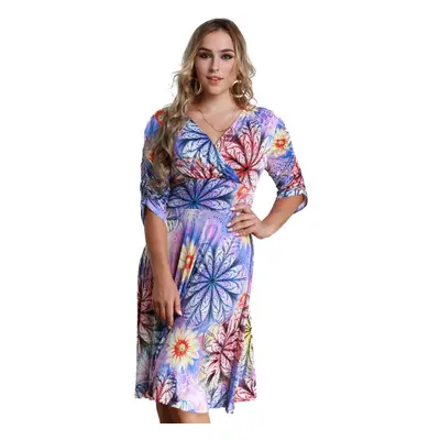 (Purple, XL) Women Plus Size Dress Colorful Floral Print V Neck Half Sleeve Midi Slim Elegant