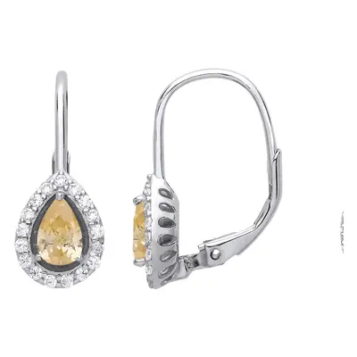 Jewelco London Ladies Sterling Silver Yellow Pear Cubic Zirconia Tears of Joy Halo Drop Earrings