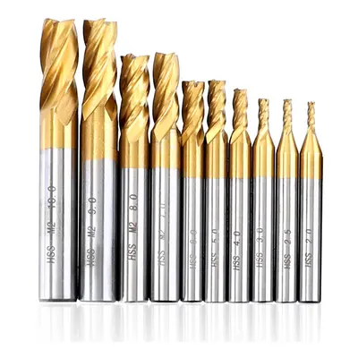 10PCS 2-10mm Titanium Coated HSS Flute End Mill Cutter CNC Drill Bit Milling Set