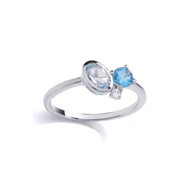 (R) Jewelco London Sterling Silver Swiss Blue Created Topaz & Sky Blue Created Topaz CZ Fancy Ri