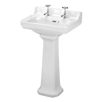 Traditional Tap Hole Ceramic Bathroom Basin Sink & Full Pedestal - 560mm