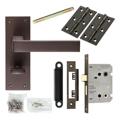 Door Handle & Bathroom Lock Pack Matt Bronze Square Lever Thumb Turn Backplate