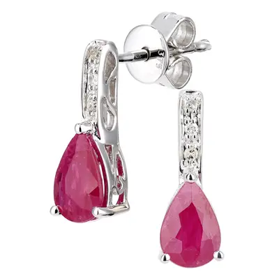 Jewelco London 9ct White Gold Round 3pts Diamond Pear 1.3ct Ruby Teardrop Drop Earrings - DE1AXL