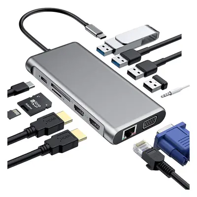 12 In Triple Display USB-C Hub Docking Station Adapter With Dual HDMI 4K HD Display VGA Gigabit 