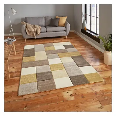 (160x220cm) Brooklyn Modern Rugs in Squares of Beige and Yellow Thick Soft Mats