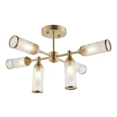 Brass Semi Flush Bulb Ceiling Light - Ribbed Glass Shades & Frosted Diffusers