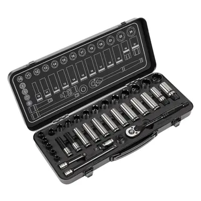 34pc BLACK SERIES Deep Socket & Ratchet Handle Set -3/8" Sq Drive Point Metric