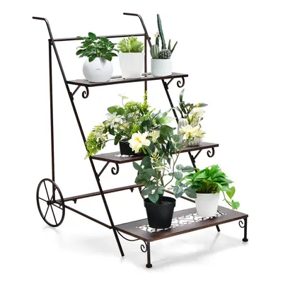 3-Tier Ladder Shaped Plant Stand Metal Rolling Garden Cart w/ Handles