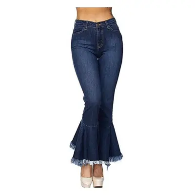 (Blue, S) Vintage Stretchy Fringed Flare Jeans