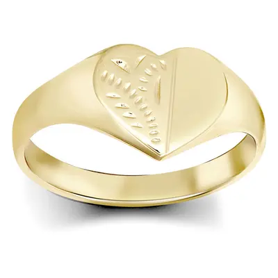 (Q) Jewelco London Ladies Solid 9ct Yellow Gold Diamond Cut Love Heart Signet Ring