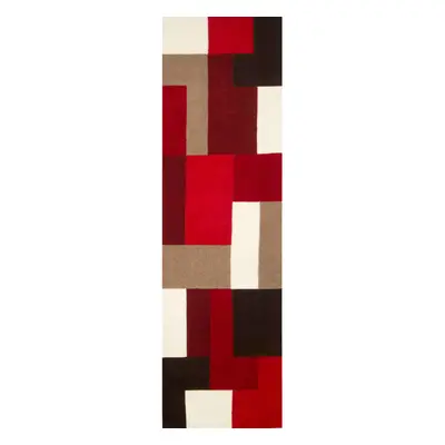 (Red, Runner: x cm) Modern Geometric Checkered Multi Coloured Rugs 100% Wool Hand Made Eco Frien