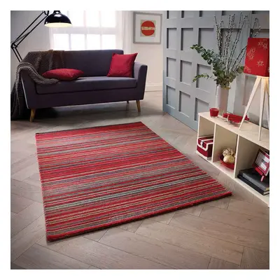 (RED, x cm) Modern Multi Coloured 100% Wool Rugs Stripe Line Design Small Extra Large Hall Runne