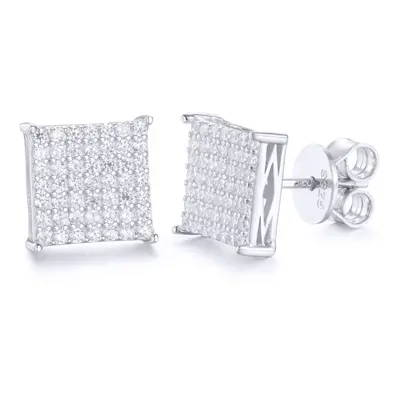 Jewelco London Rhodium Silver Round CZ Encrusted Square Stage Stud Earrings - AES169