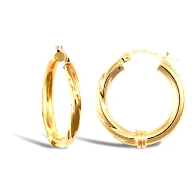 Jewelco London Ladies 9ct Yellow Gold Half and Half Twisted Collar 3mm Hoop Earrings 21mm - JER0