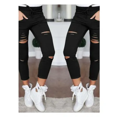 (Black, L) Women Causal Holes High Waist Loose Solid Skinny Jeans