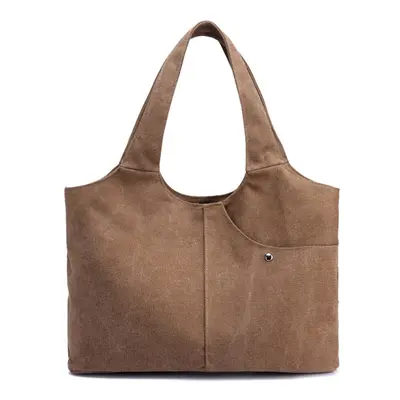 (Brown) Women Canvas Shoulder Bag Handbag Large Capacity Zipper Pockets Totes