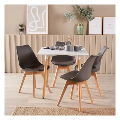 Modern White Kitchen or Dining Table Set 80cm Padded Grey Chairs Wooden Legs