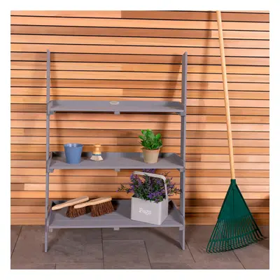 Charles Bentley FSC Wide Wooden Ladder Planter - Grey Shelves Wood Modern Planting Vertical Gard