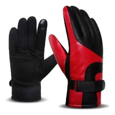 (Red, Female) Waterproof Warm Leather Gloves Motorcycle Safety Sport Touch Screen Gloves