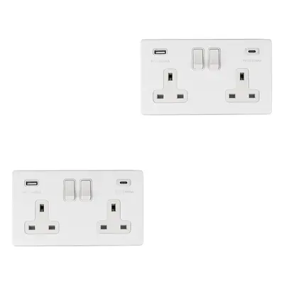 2 PACK Gang Double 13A UK Plug Socket & 2x 3.1A USB-C & A SCREWLESS MATT WHITE