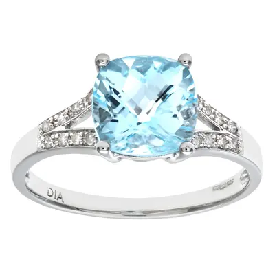 (P) Jewelco London 9ct White Gold Cushion Cut Blue Topaz Ring With Diamond Shoulders