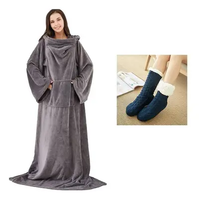 (Grey Robe & Navy Socks) Soft Warm Long Coral Fleece Blanket Robe with Sleeves