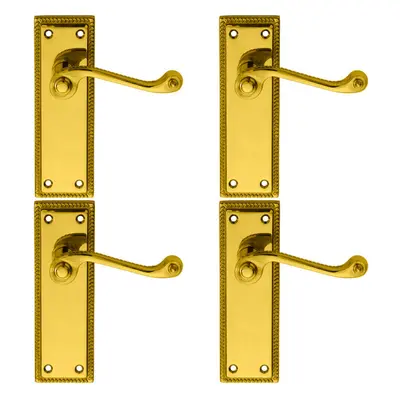 4x PAIR Reeded Design Scroll Lever on Latch Backplate x 48mm Polished Brass